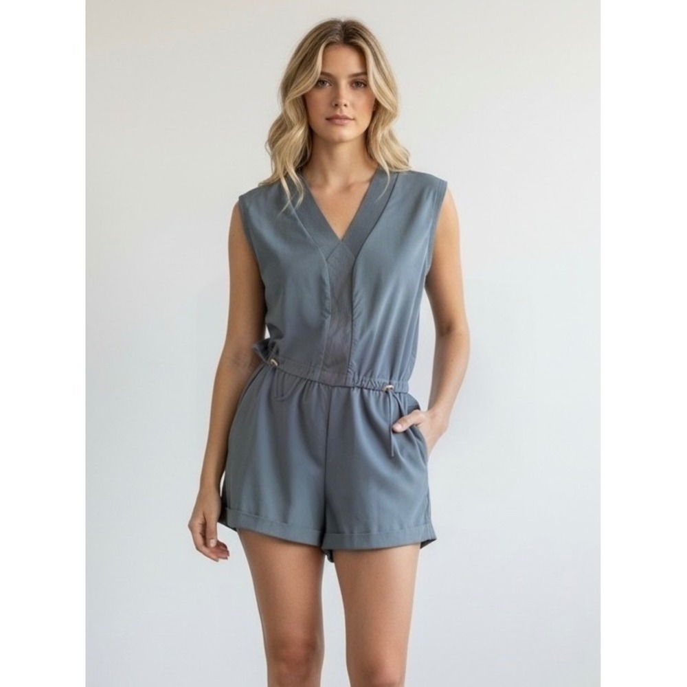 Indygena Women Blue Gray Sleeveless Drawstring Waist V-Neck Romper Medium